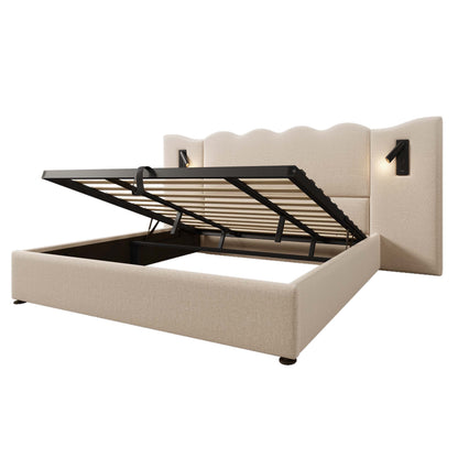 (=AB30748123B)Polsterbett Doppelbett 180×200 mit Leselampe und USB Type-C Ladefunktion, Stauraumbett Bettgestell mit Lattenrost aus Massivholz und Metall, Beige, Leinen (Ohne Matratze)