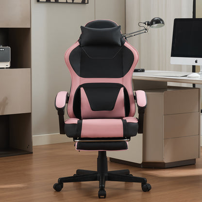 Kawaii Pink & Black Ergonomic Gaming Chair with Lumbar Support and Footrest