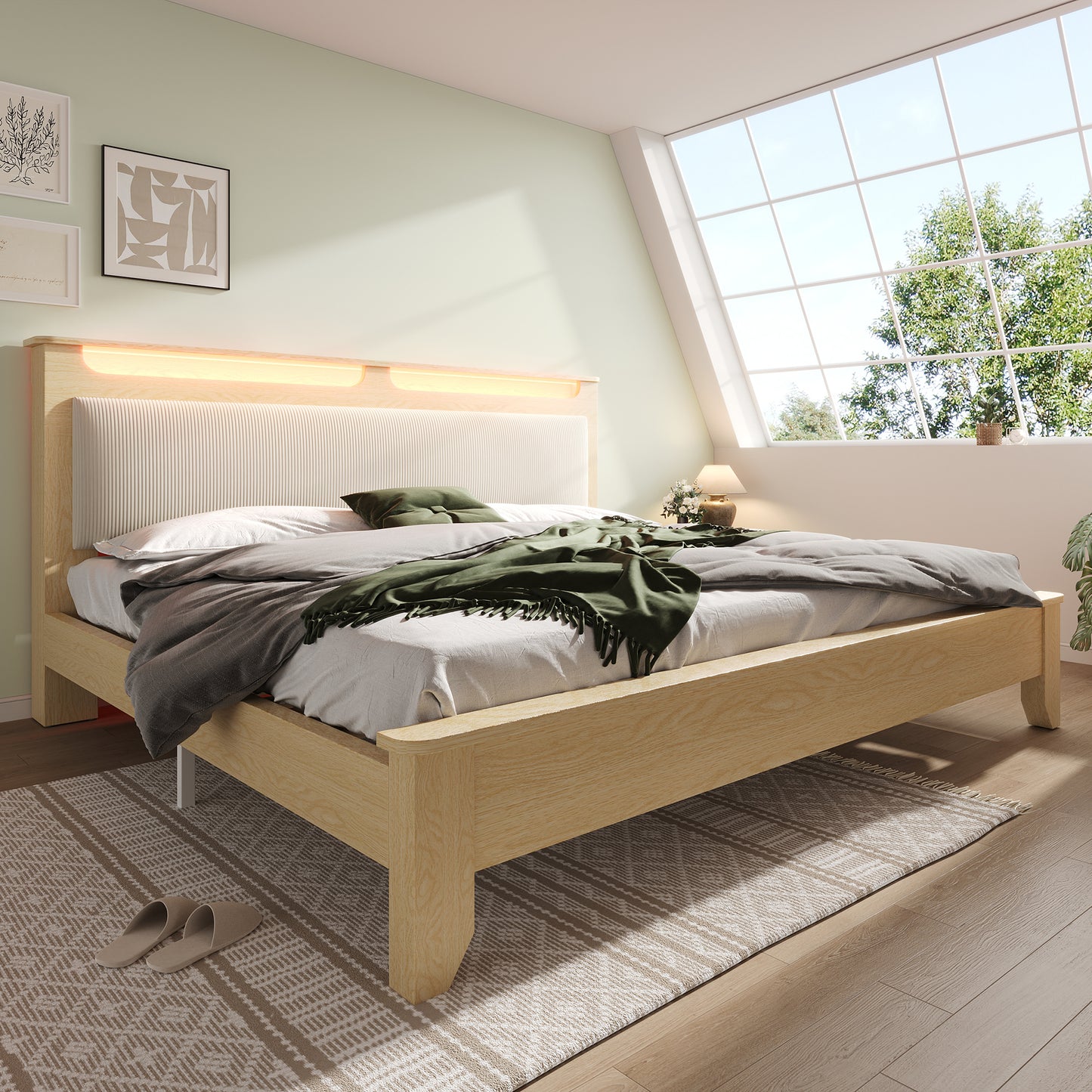 Gigab2b original image - Doppelbett Holzbett 160×200cm, Kopfteil mit Stauraum, LED-Beleuchtung und Beigefarbener Cordpolster-Rückenlehne, Bettrahmen mit Holzlatten, Heller Eiche(Ohne Matratze&Bettbank)