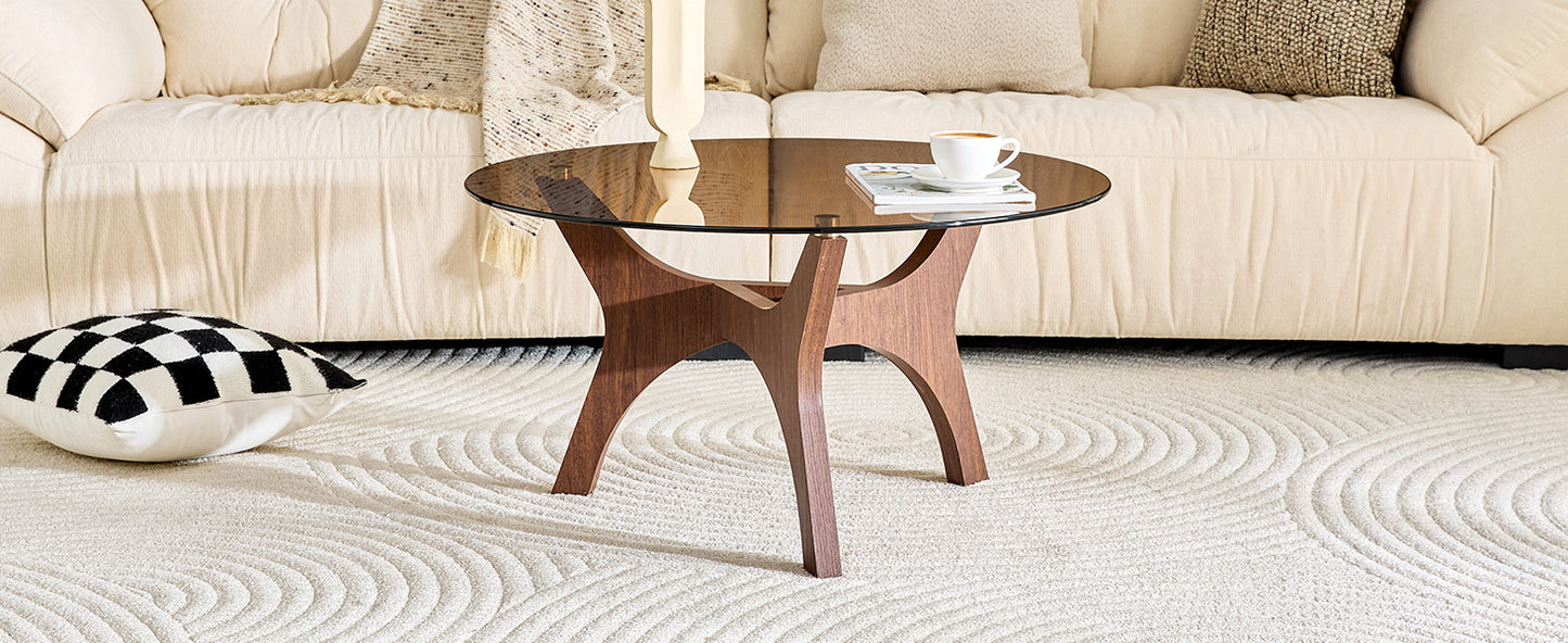 Runder Couchtisch mit Bernstein-Glasplatte, Moderner Wohnzimmertisch mit braunem Holzrahmen, Stabiler Kaffeetisch 80cm, Hitze- & Kratzfest, für Wohnzimmer, Büro & Lounge