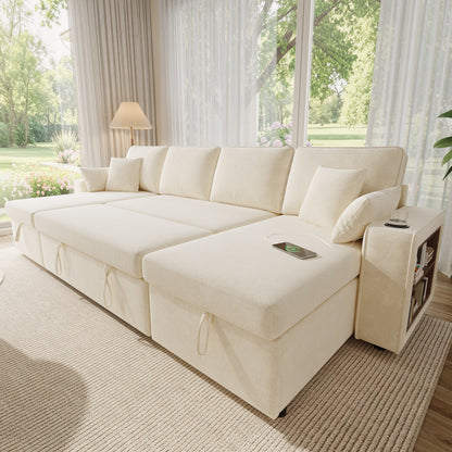 U‑förmiges Ecksofa mit Schlaffunktion, ausziehbares Schlafsofa, integrierter Stauraum, doppelte Chaiselongue mit verstecktem Stauraum, Becherhalter, USB‑Ladeanschluss und Armlehnen‑Ablage,Beige