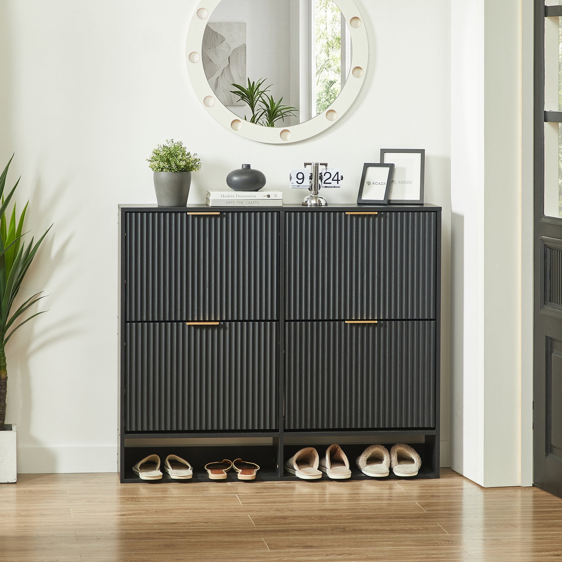 120 x 24 cm Schuhschrank mit Nutfront – Höhenverstellbar mit Kippschutz und Dekotisch für den Flur, in Schwarz