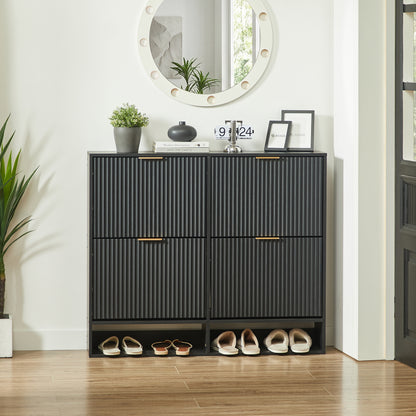 120 x 24 cm Schuhschrank mit Nutfront – Höhenverstellbar mit Kippschutz und Dekotisch für den Flur, in Schwarz