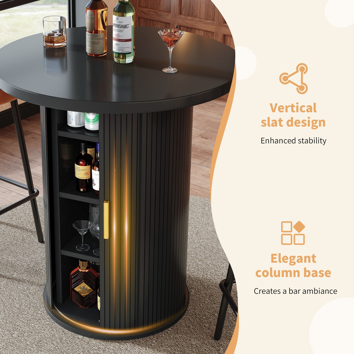 Bartisch-Set mit 2 Barhockern, Runder Stehtisch mit Stauraum & 2 ergonomischen Barhockern, MDF Holzoptik, für Bar & Wohnzimmer