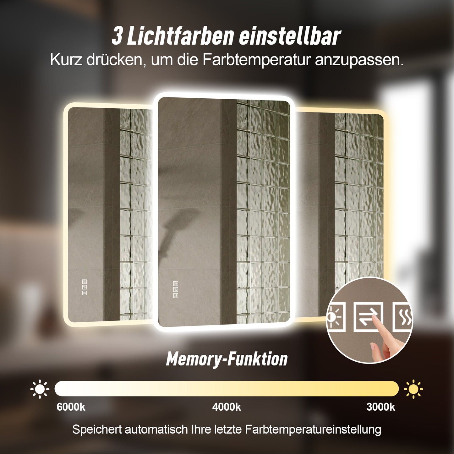 60×120cm LED Badezimmerspiegel mit Milchglasrand, Frontbeleuchtung, Anti-Beschlag, 3 Lichtfarben, Stufenlos Dimmbar, Memory-Funktion, Horizontal & Vertikal Montierbar, IP44 Wasserdicht