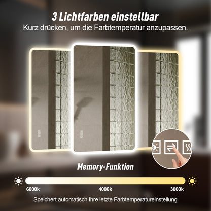 60×120cm LED Badezimmerspiegel mit Milchglasrand, Frontbeleuchtung, Anti-Beschlag, 3 Lichtfarben, Stufenlos Dimmbar, Memory-Funktion, Horizontal & Vertikal Montierbar, IP44 Wasserdicht