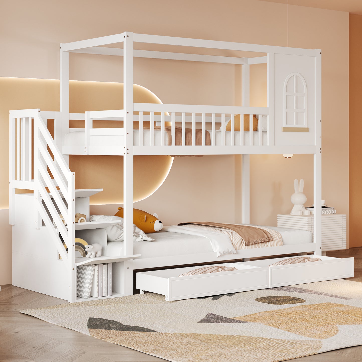 Gigab2b original image - Etagenbett Kinderbett 90*200cm, Massivholz Doppelbett, Hausform mit Fenstern, Sicherheitszaun-Design, Mit Aufbewahrungsschubladen und Sicherheitsleiter, Weiß,Alte SKU LDB00242AAK