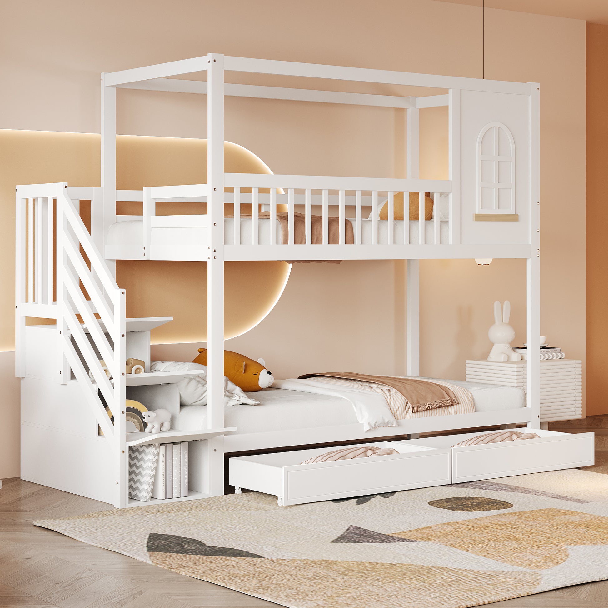 Gigab2b original image - Etagenbett Kinderbett 90*200cm, Massivholz Doppelbett, Hausform mit Fenstern, Sicherheitszaun-Design, Mit Aufbewahrungsschubladen und Sicherheitsleiter, Weiß,Alte SKU LDB00242AAK