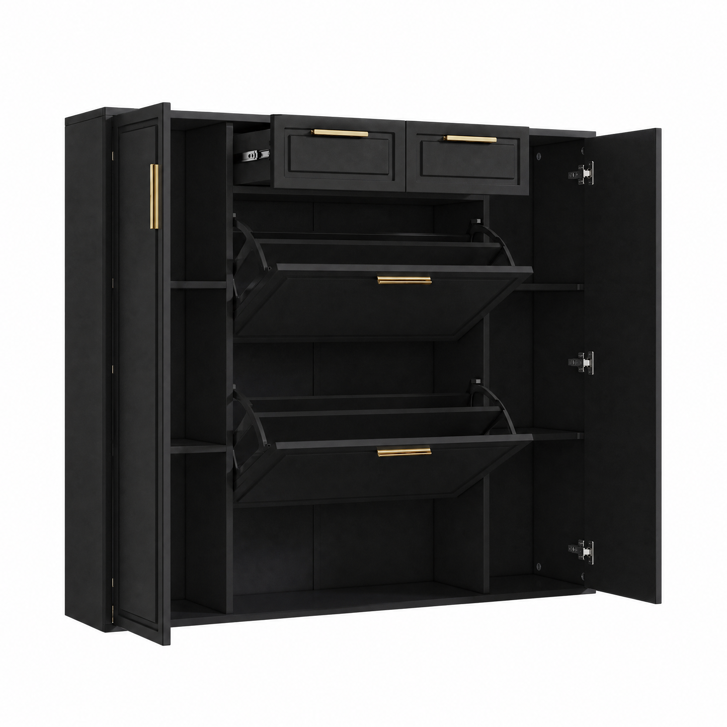 Moderne Schuhschrank, mit verstellbaren Regalen, goldenen Griffen, 2 Schubladen, Klappschuhschrank und 2 Türen, Schwarz, B120/D24/H107 CM