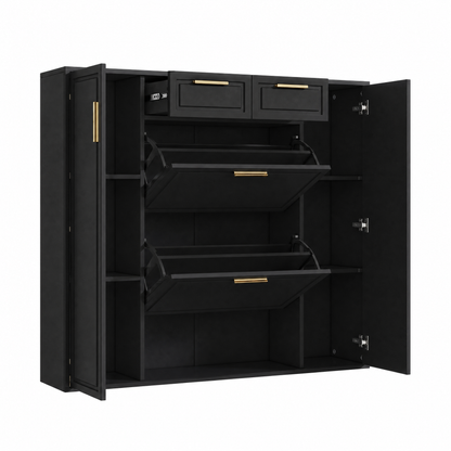 Moderne Schuhschrank, mit verstellbaren Regalen, goldenen Griffen, 2 Schubladen, Klappschuhschrank und 2 Türen, Schwarz, B120/D24/H107 CM