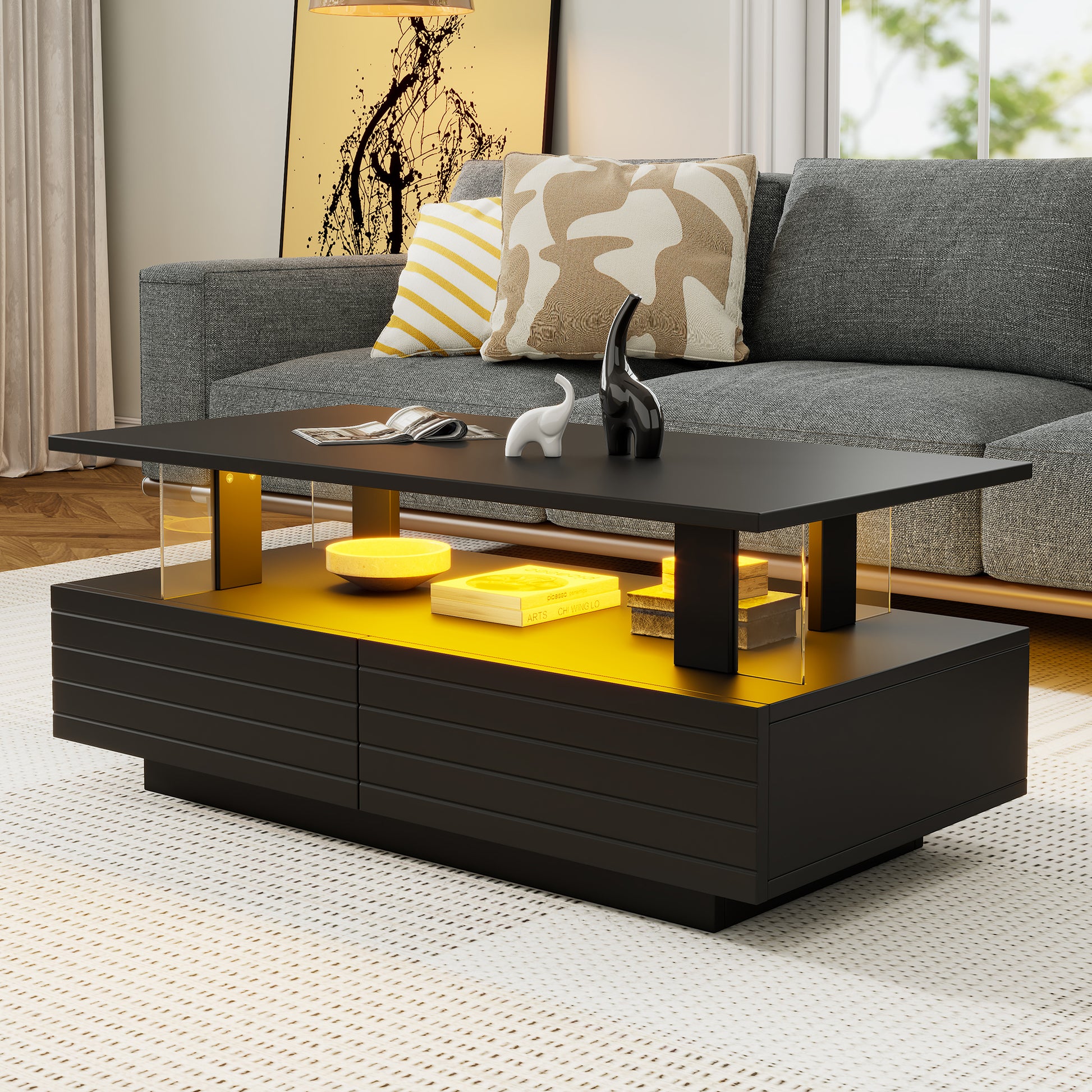 Gigab2b original image - Schwarzer LED-Couchtisch mit Aufbewahrungsfunktion, Acryl-LED-wohnzimmertisch, bistelltisch, doppelschichtiger rechteckiger Couchtisch mit Bluetooth-Handy-App-Steuerung, geeignet für Partys, Büros