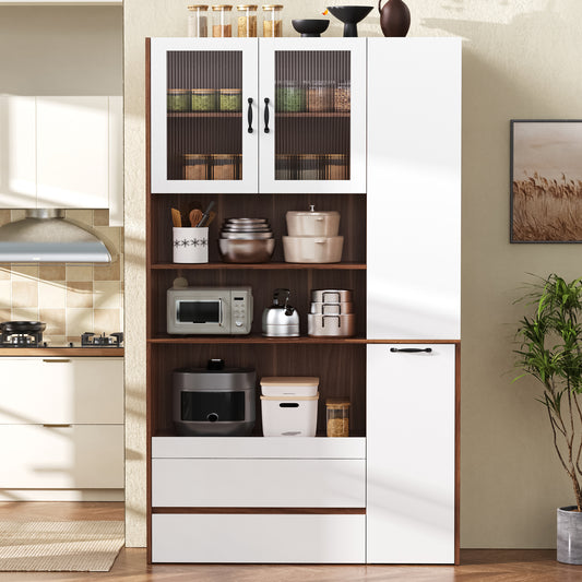 Gigab2b original image - Highboard mit verstellbaren Regalböden und Schubladen, Buffetschrank mit ausziehbaren Regalböden und Riffelglas , Ideal für Esszimmer, Wohnzimmer und Küche (Weiß+Nussbaum)