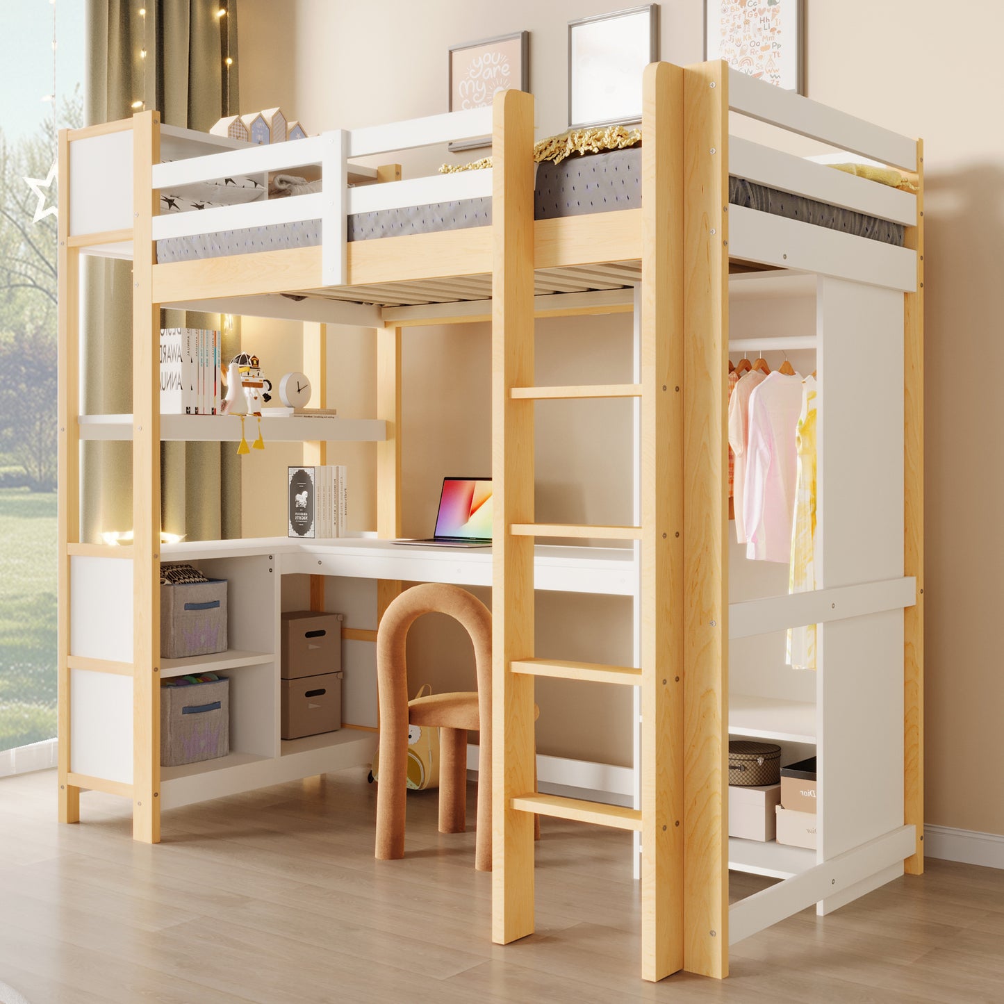 Gigab2b original image - Hochbett, 90x200 cm, Regale, mehrere Ablagefächer, Schreibtisch, Kleiderschrank, ohne Matratze,Natur