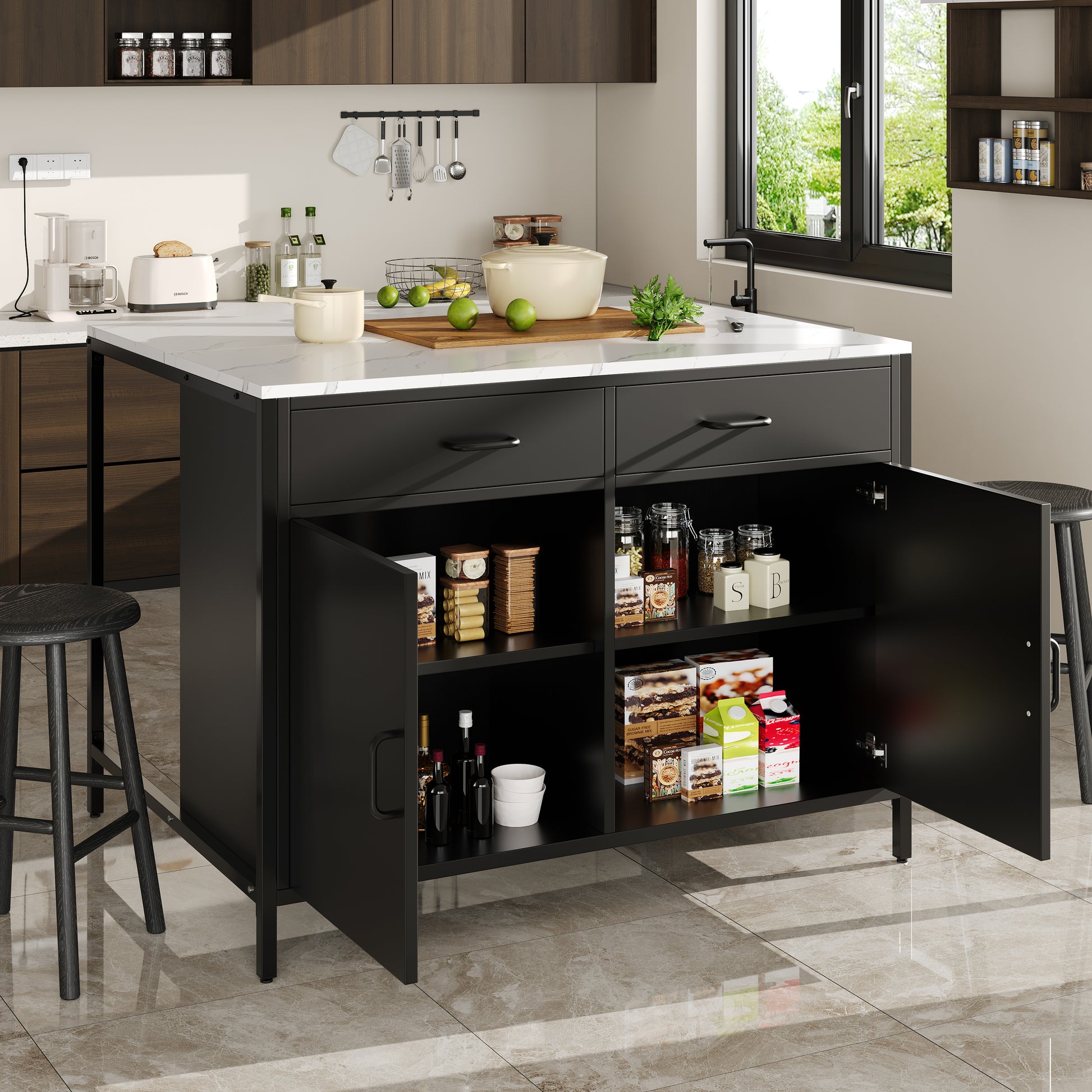Gigab2b original image - Schwarzer Stehtisch, Küchenarbeitsplatte, einfach und modern, Kaffeebartisch, geeignet für Wohnzimmer, Esszimmer, Tischplatte mit Marmorstruktur, verstellbare Füße
