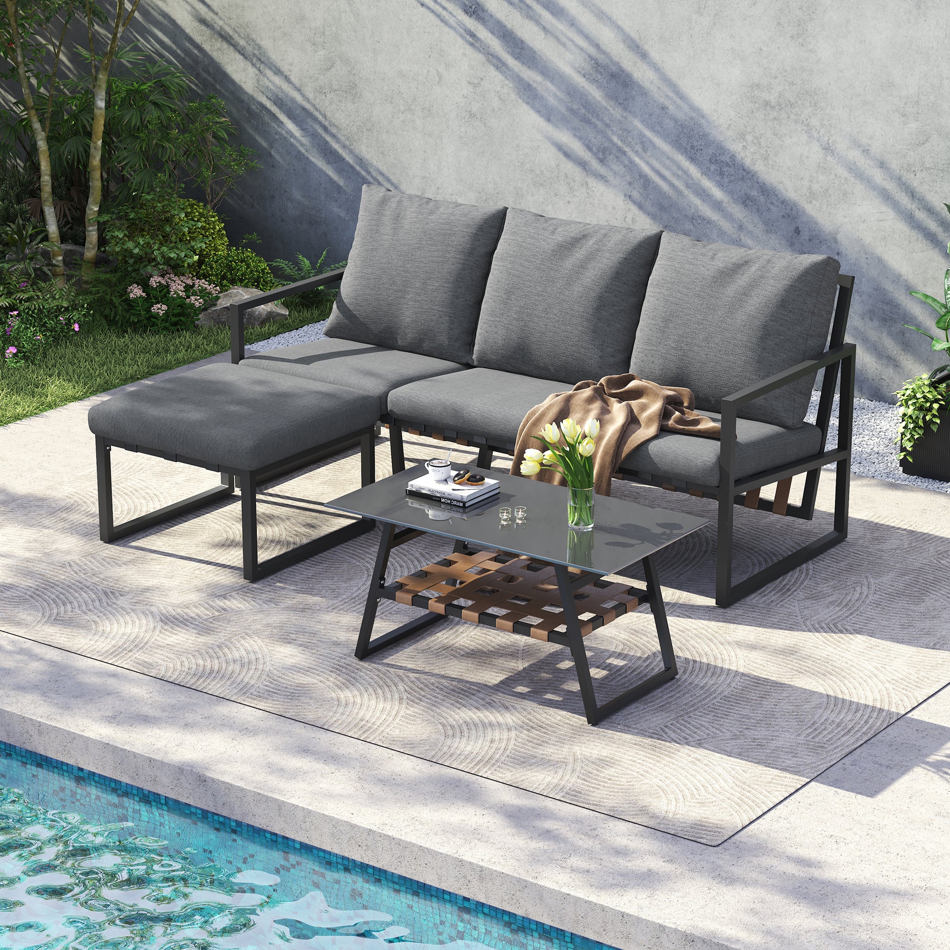 Gigab2b original image - Gartenmöbel-Set, Eckgarnitur, Sofa + Couchtisch + Fußhocker, verzinktes Stahlrohr, Glastischplatte, geeignet für Gärten, Schwimmbäder und andere Außenbereiche, grau