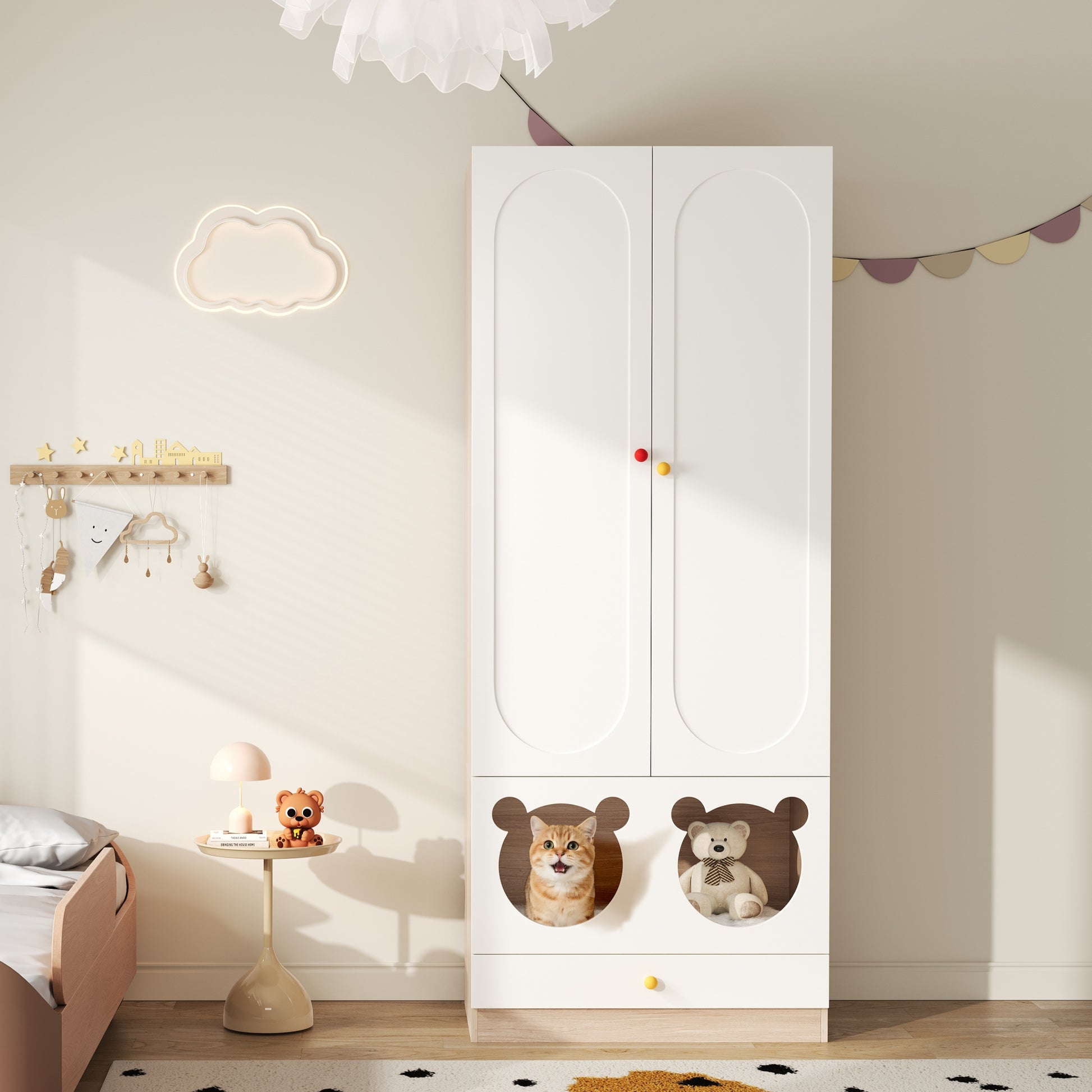 Gigab2b original image - Kinderkleiderschrank mit Bügelstange, mit Katzenbett, Lackierte Platten + Spanplatte, bunte Keramikgriffen, Weiß + Naturholzfarbe, 80×50×200cm, für Schlafzimmer geeignet