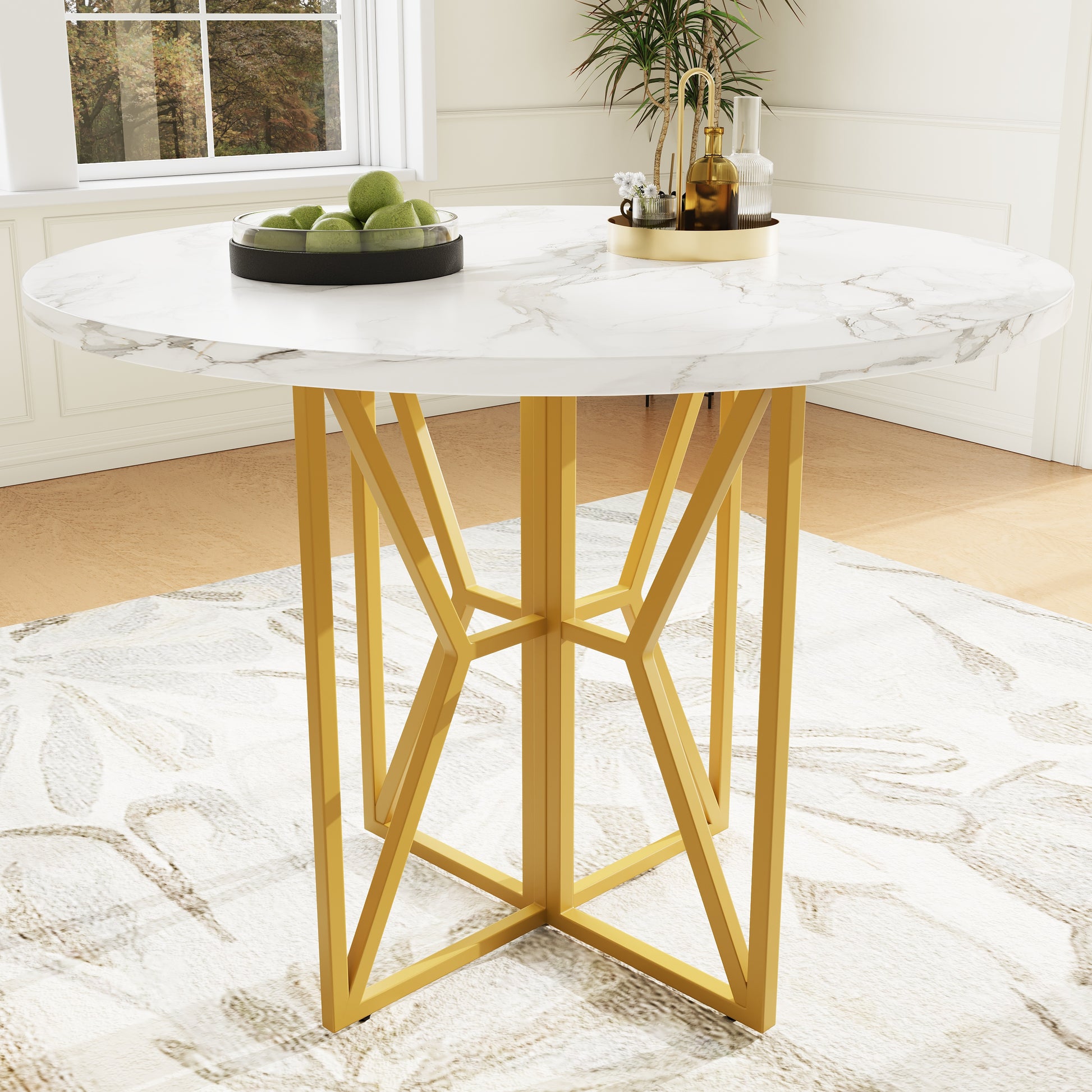 Gigab2b original image - Runder Esstisch (80 x 80 x 76 cm), leichter und luxuriöser runder Tisch für 4-6 Personen, geeignet für Esszimmer und Wohnzimmer, goldene Beine, marmorierte Tischplatte aus MDF