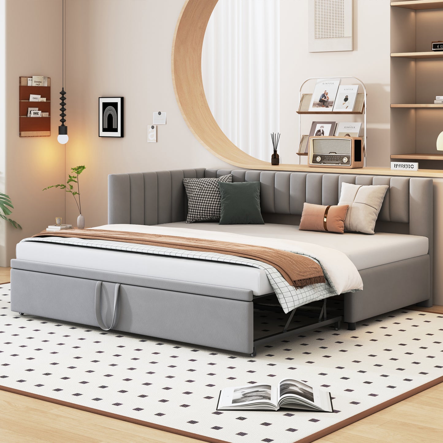 Gigab2b original image - Multifunktionales L-förmiges Schlafsofa mit Ausziehbett 90/180*200cm, Polsterbett in Samtstoff, platzsparendes Design für Kinderbett, Gästebett Grau