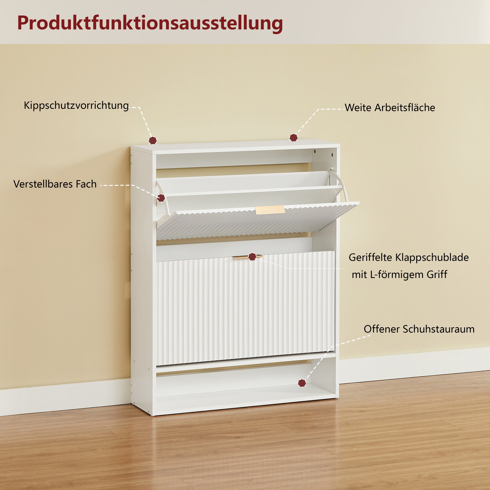 80 x 24 cm Schuhschrank mit Nutfront – Höhenverstellbar mit Kippschutz und Dekotisch für den Flur, in Weiß