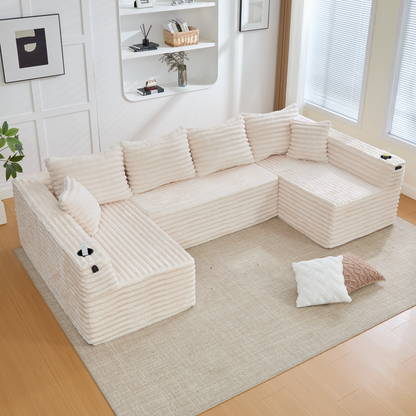 U-förmiges Cord-Sofa mit Getränkehaltern und Seitentaschen, Federkernpolsterung, 4 Rückenkissen und 2 Zierkissen. Ergonomisch geformt für angenehmes langes Sitzen – ideal für Wohnung und Wohnzimmer.