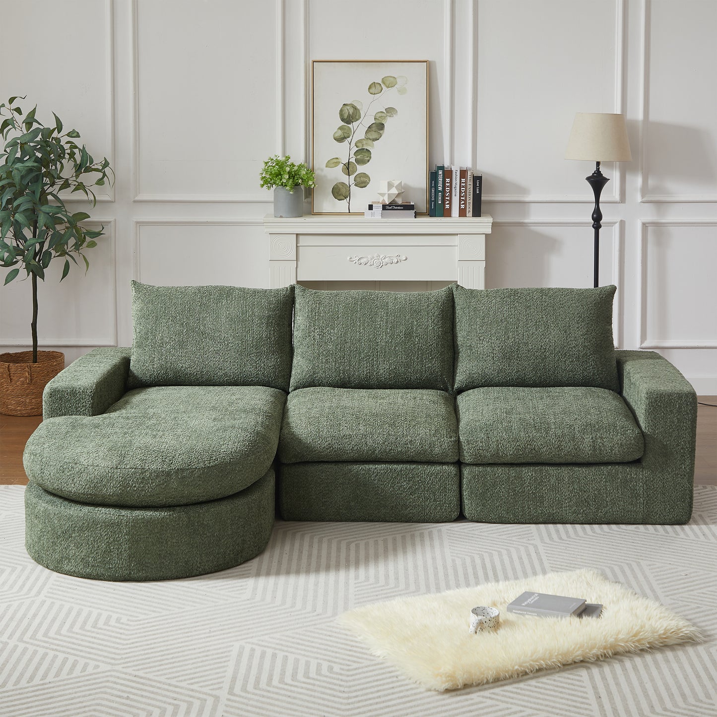 Chenille-Sofa mit gebogenen Elementen und Liegestuhl, vollständig komprimiert und ohne Gestell, modulares Kombinationssofa L-Liegestuhl, Schaumstoff-Kompressionssofa, keine Montage erforderlich