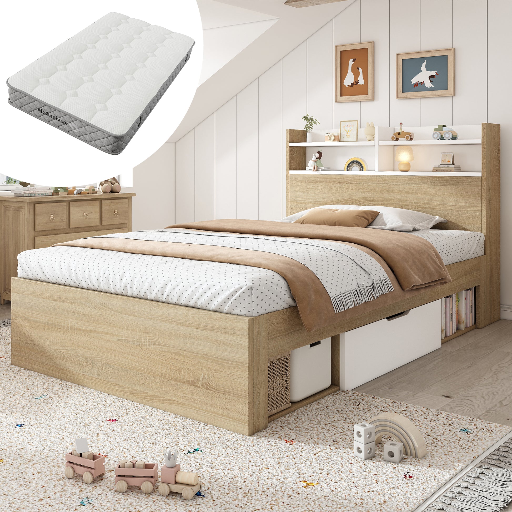 Gigab2b original image - Holz-Einzelbett 90x200 Weiß/Eiche, zweifarbiges Bett mit Kopfteil-Ablage, 2 Schubladen & offenen Fächern, teilweise Massivholz, praktisches Stauraumbett für kleine Räume, Mit Matratze