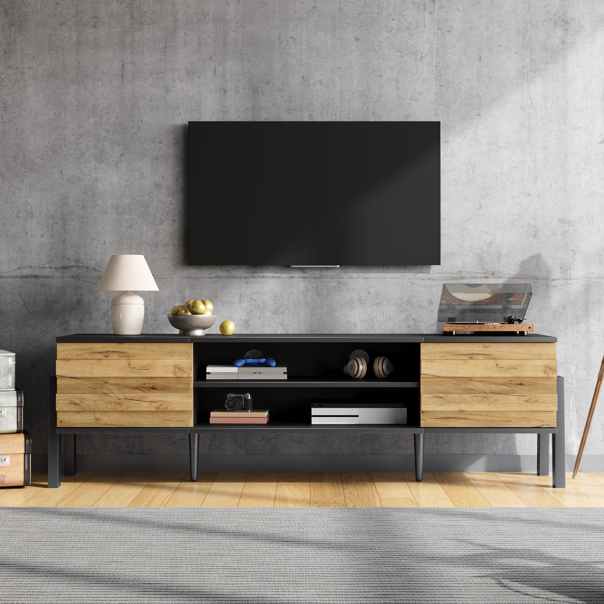 175*39.5*53cm TV-Schrank, Lowboard TV Board, TV-Konsole mit 2 Schränke und Offener Lagerraum, Fernsehtisch, TV-Ständer, Wohnzimmerschrank, geeignet für Fernseher bis zu 70 Zoll