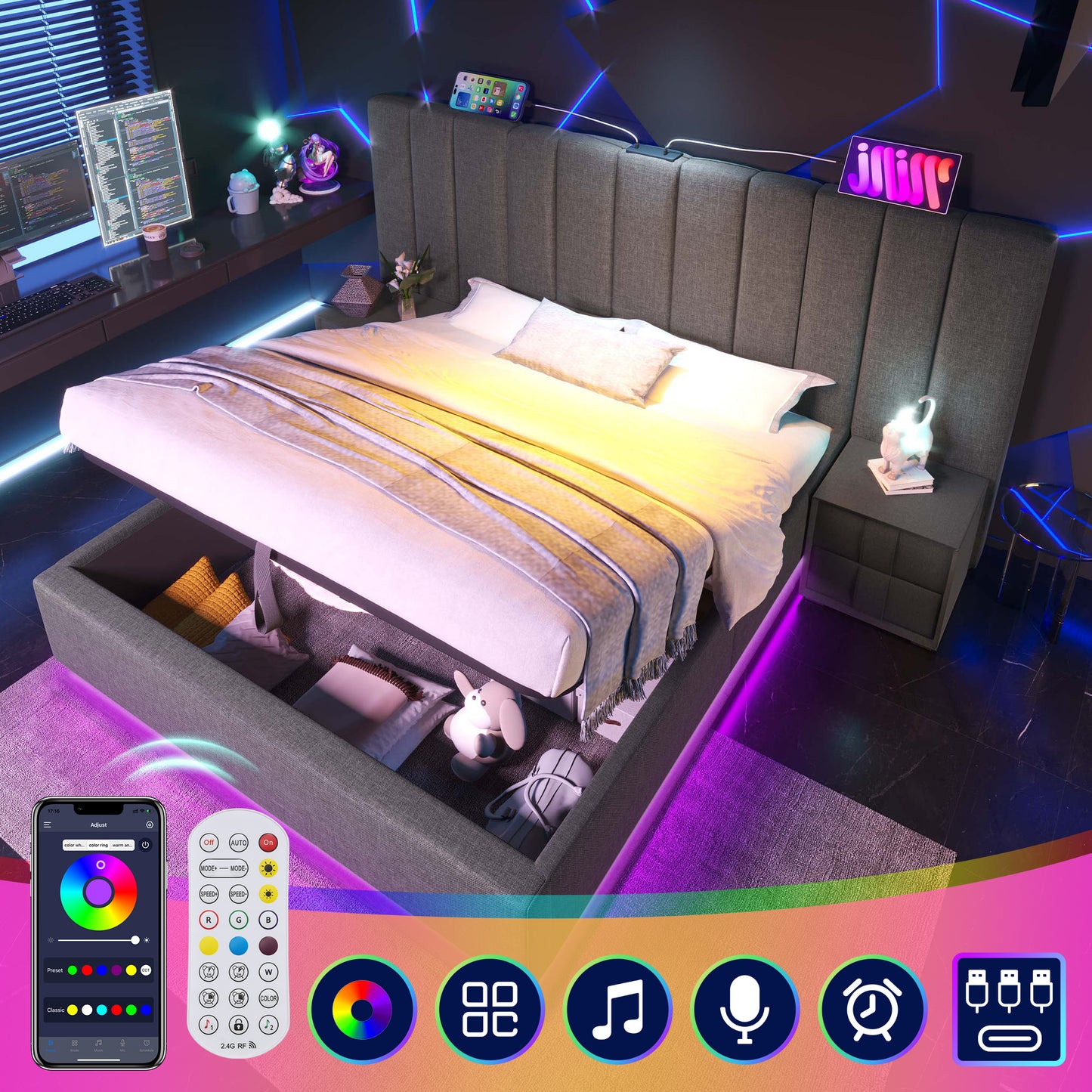 Gigab2b original image - Polsterbett 180×200, Doppelbett Stauraumbett mit App Control LED und USB-C Ladefunktion, Bettgestell mit Lattenrost, Leinen, Grau, Ohne Matratze und Nachttisch