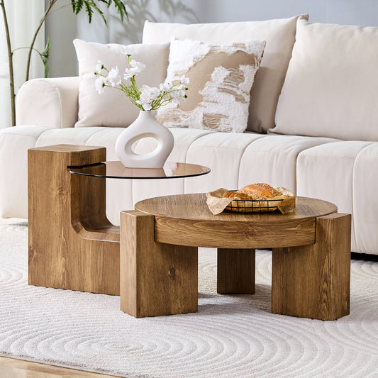Gigab2b original image - [Trennbare Couchtisch-Set] MDF-Holzoptik + 0,6 cm braun getöntes Sicherheitsglas – kombiniert als Kaffeetisch / geteilt als zwei Beistelltische, anpassbar an verschiedene Wohnzimmer-Szenarien.