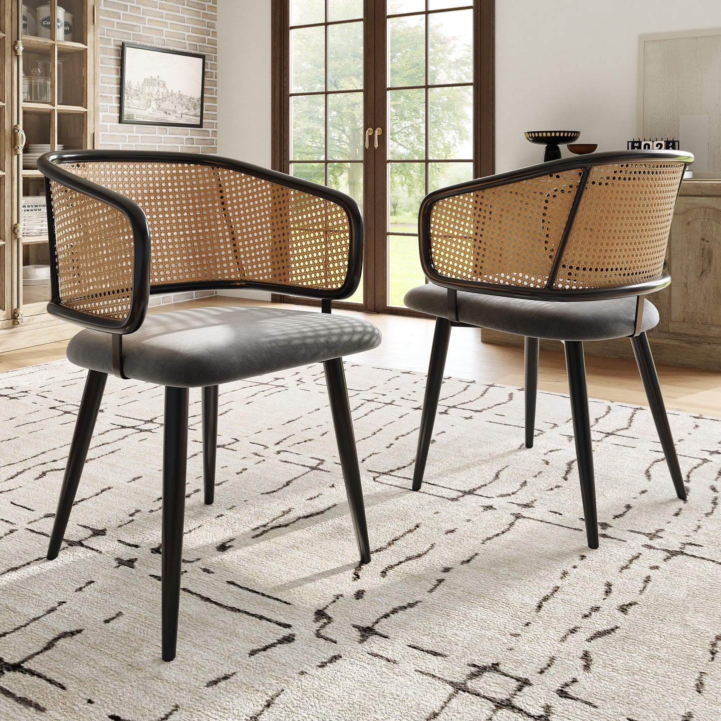 2 Esszimmerstühle, Esszimmerstühle mit Rattan-Rückenlehne, Sitzkissen aus Samt-Kissen, bequem und atmungsaktiv, moderner und einfacher Stil, geeignet für Restaurants, Wohnzimmer und Cafés
