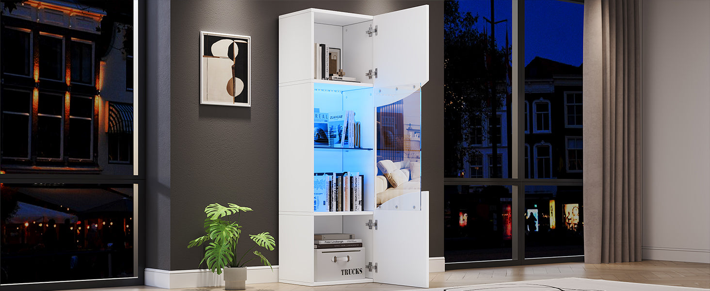35*50*165cm Wohnzimmer-Vitrinenschrank,Hochglänzender Vitrinenschrank (Schranktüren), hoher Schrank mit großem Stauraum und LED-Beleuchtung.konkav bogenförmige Wellenoberflächengestaltung,Weiß