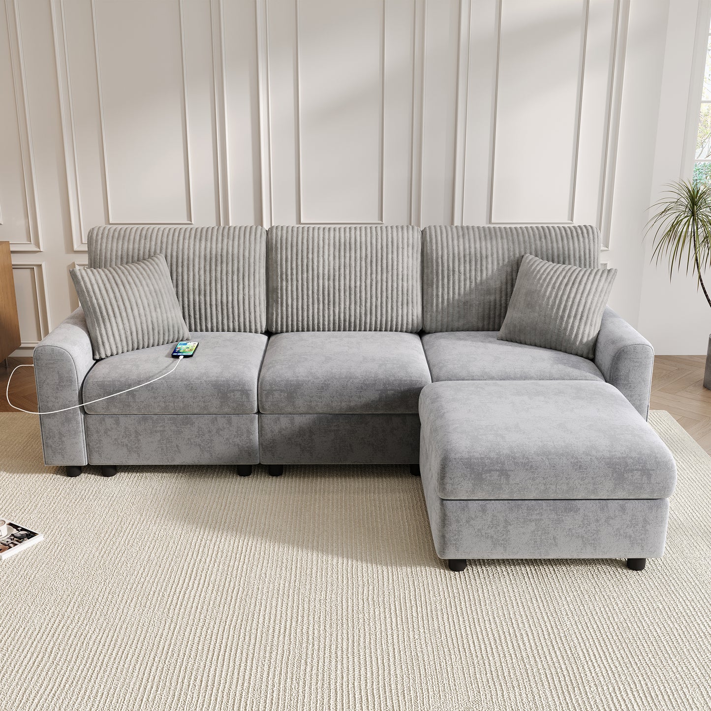 Modernes Sofa mit 1 Fußhocker, 2 quadratischen Kissen, 1 USB-Anschluss und 1 Type-C-Anschluss, Grau (Maße: B223 × H84 × T146 cm)