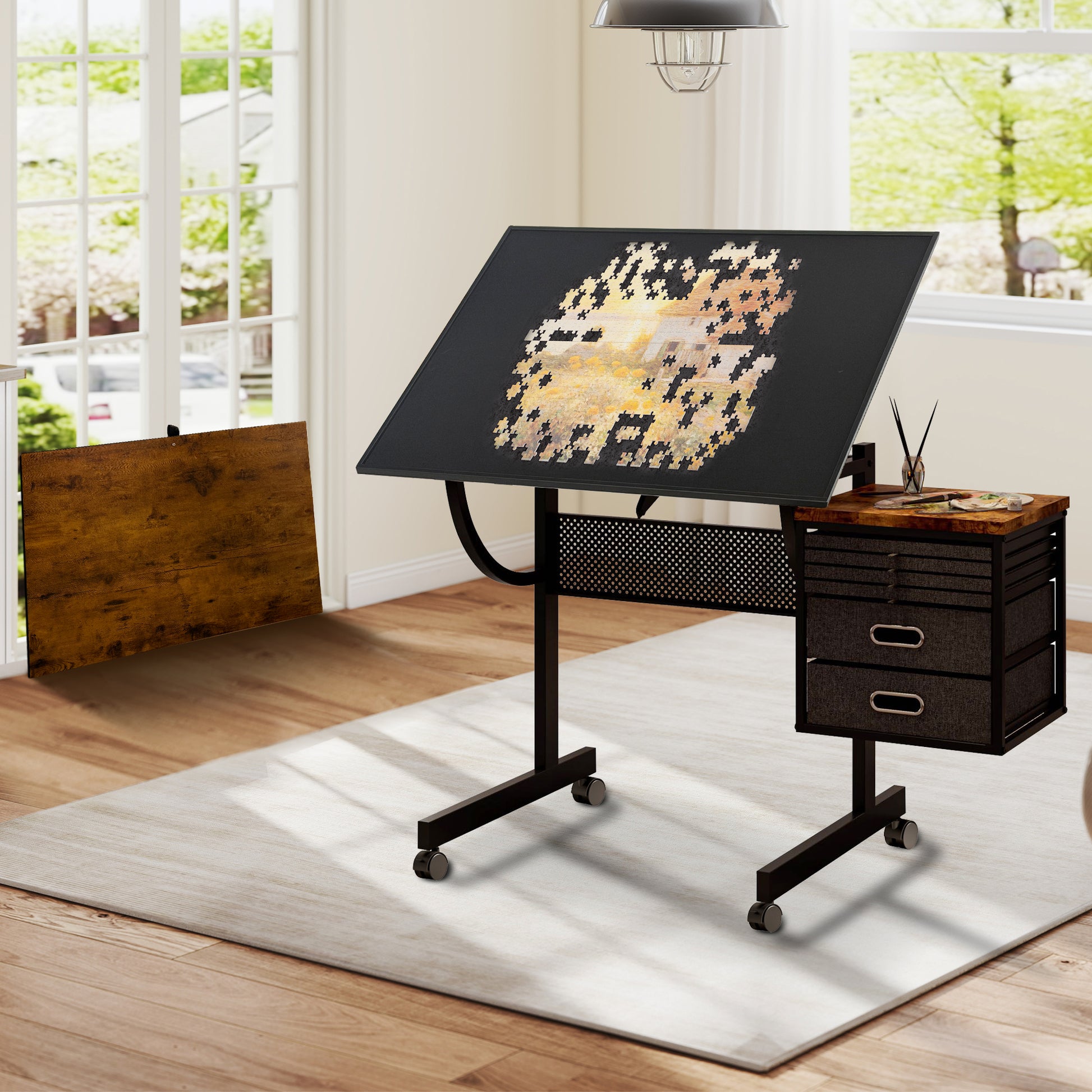 1500 pieces Jigsaw Puzzle metal Table board for adults gift with 4 trays and 2 Storage drawers(black)