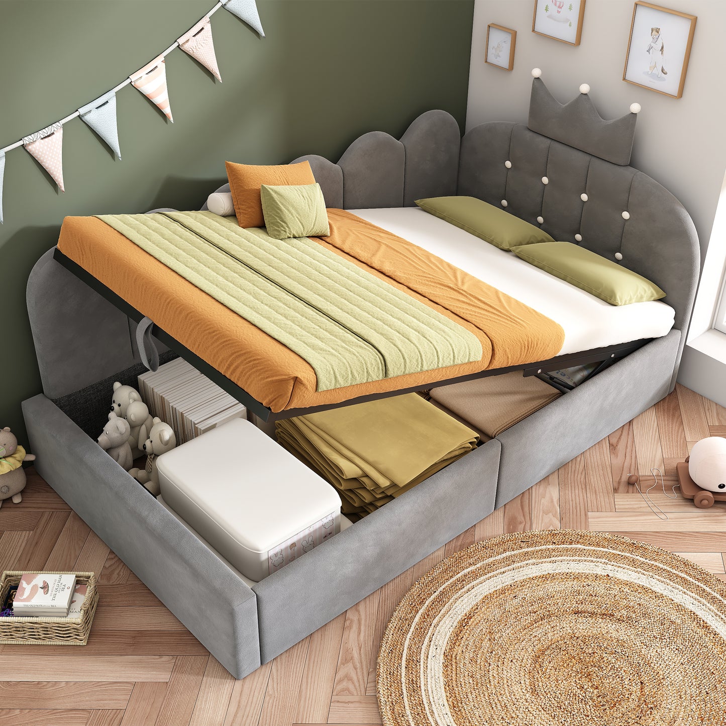 Gigab2b original image - Polsterbett Daybett 90x190 cm,Tagesbett-Schlafsofa mit Stauraum (hydraulisch),Gästebett L-Form Samt in Grau mit Kronen-Gitter-Design, ohne Matratze