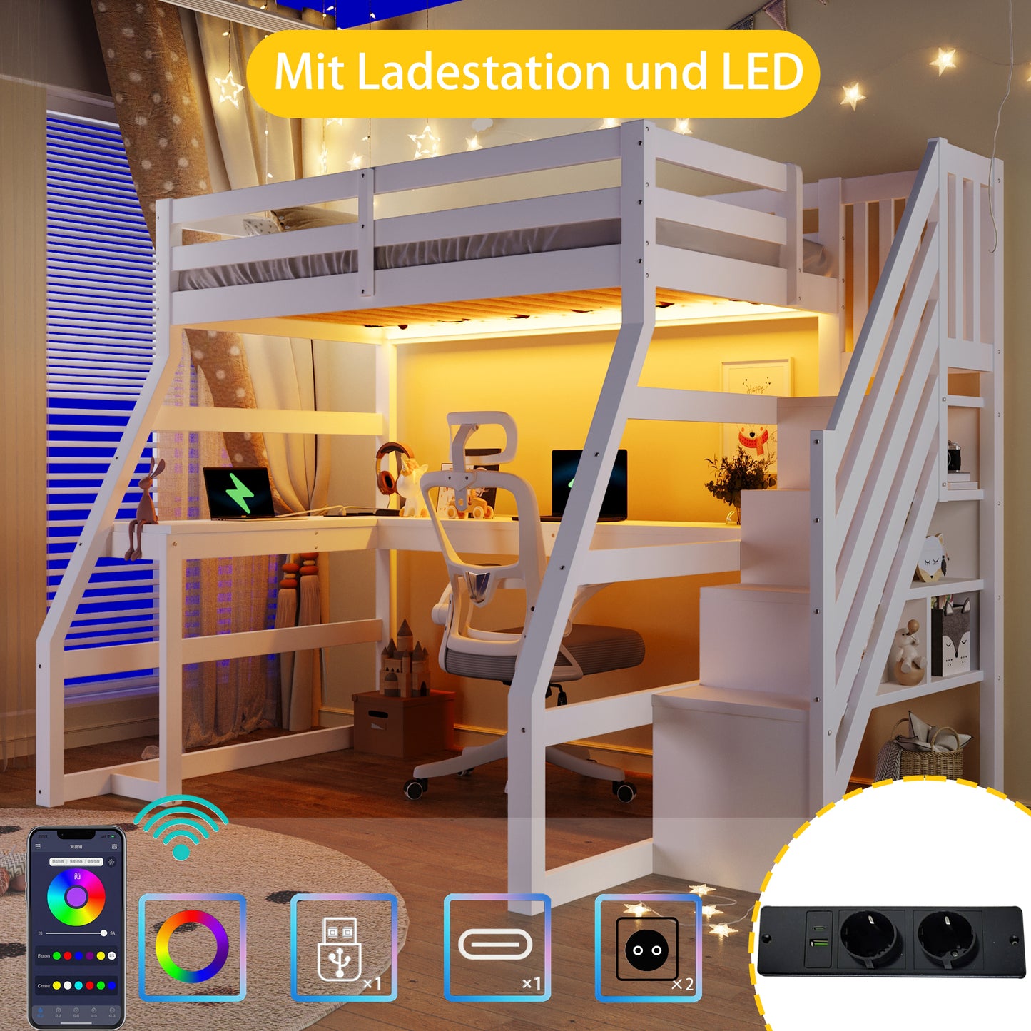 90x200 großes Hochbett aus Holz mit Schreibtisch, LED-Beleuchtung, USB-Anschluss und Treppe mit Stauraum, Weiß
