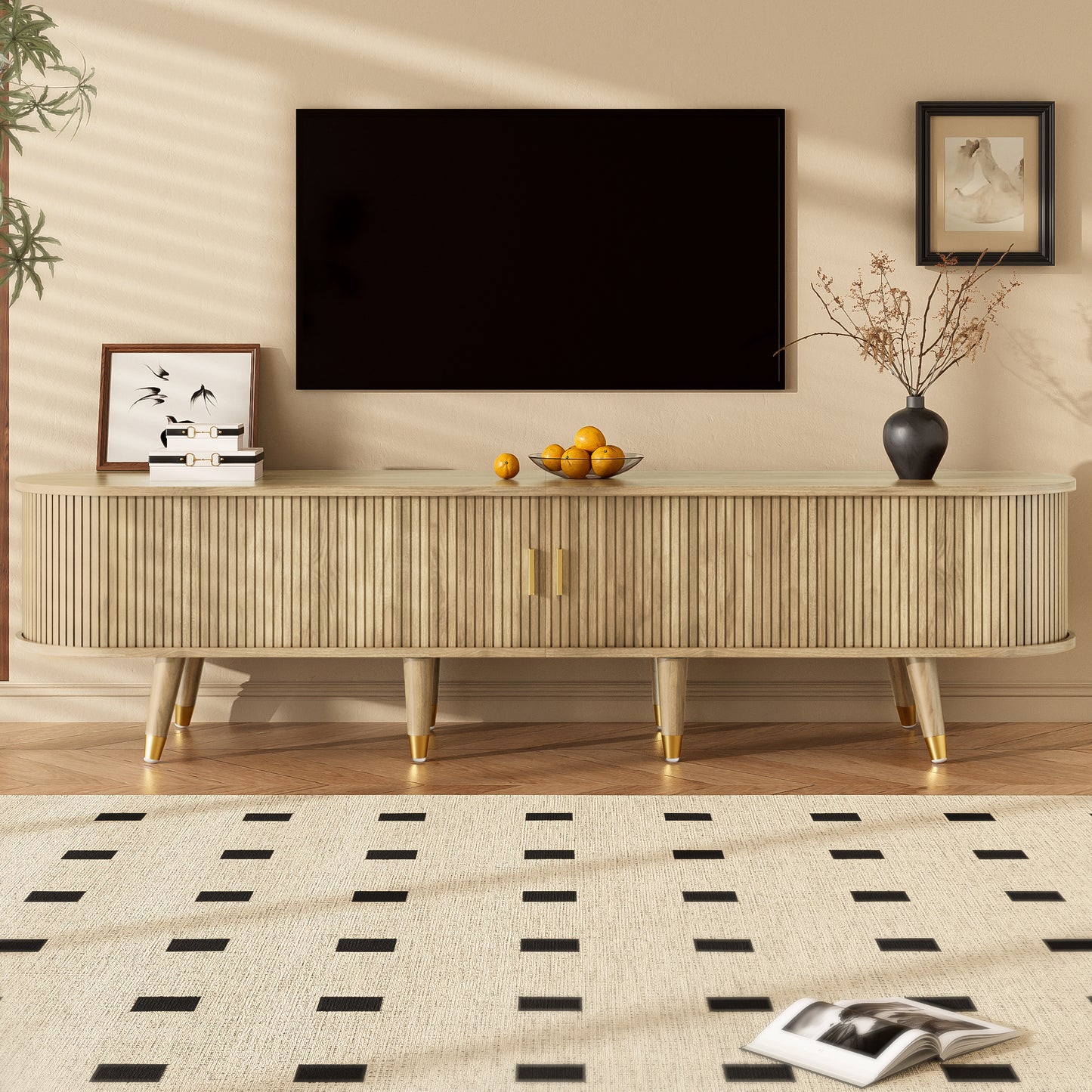 Gigab2b original image - TV-Schrank mit Schiebetüren, TV-Möbel, TV-Ständer, niedrigerer Fernsehschrank, TV-Halterung. Einzigartiges Design.