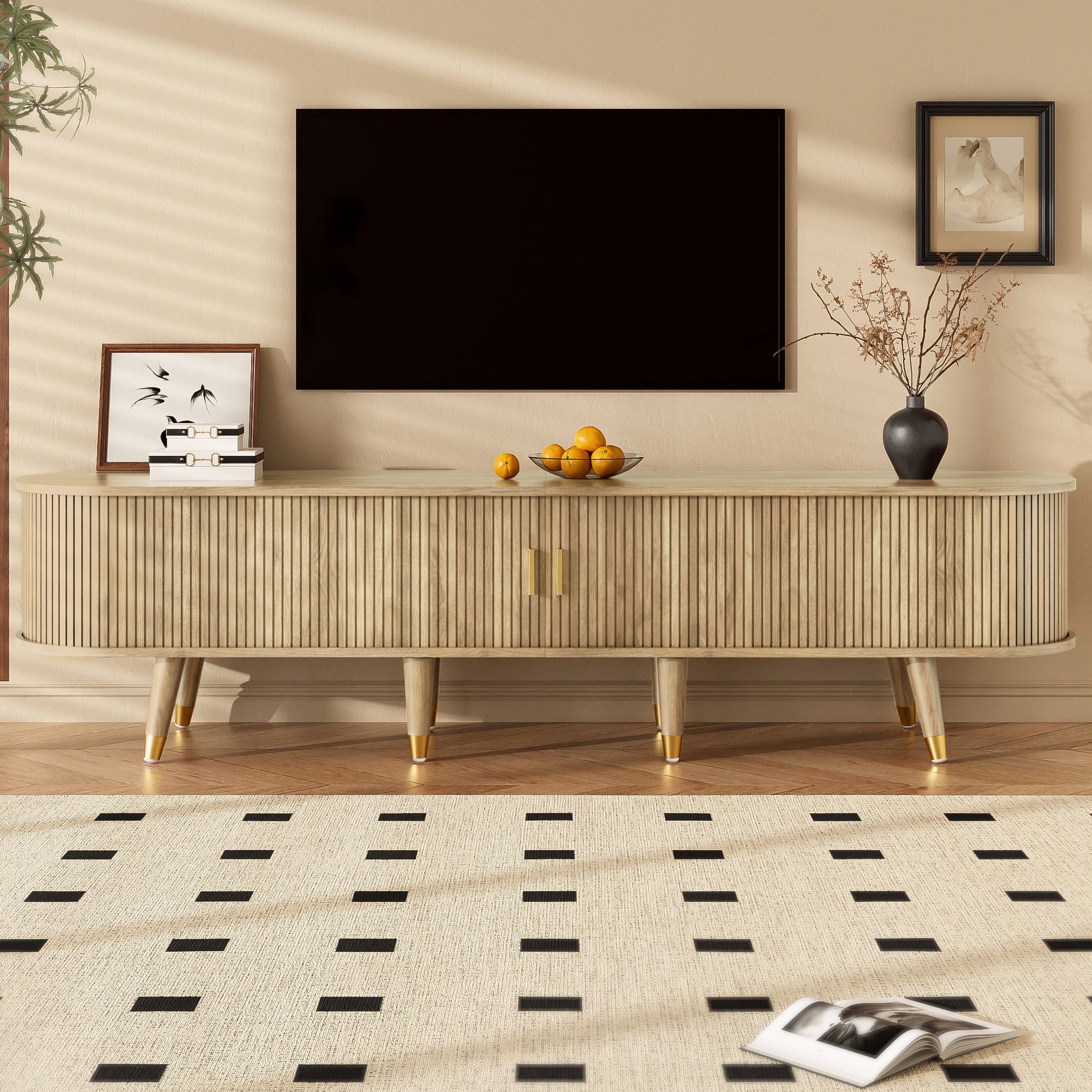 Gigab2b original image - TV-Schrank mit Schiebetüren, TV-Möbel, TV-Ständer, niedrigerer Fernsehschrank, TV-Halterung. Einzigartiges Design.