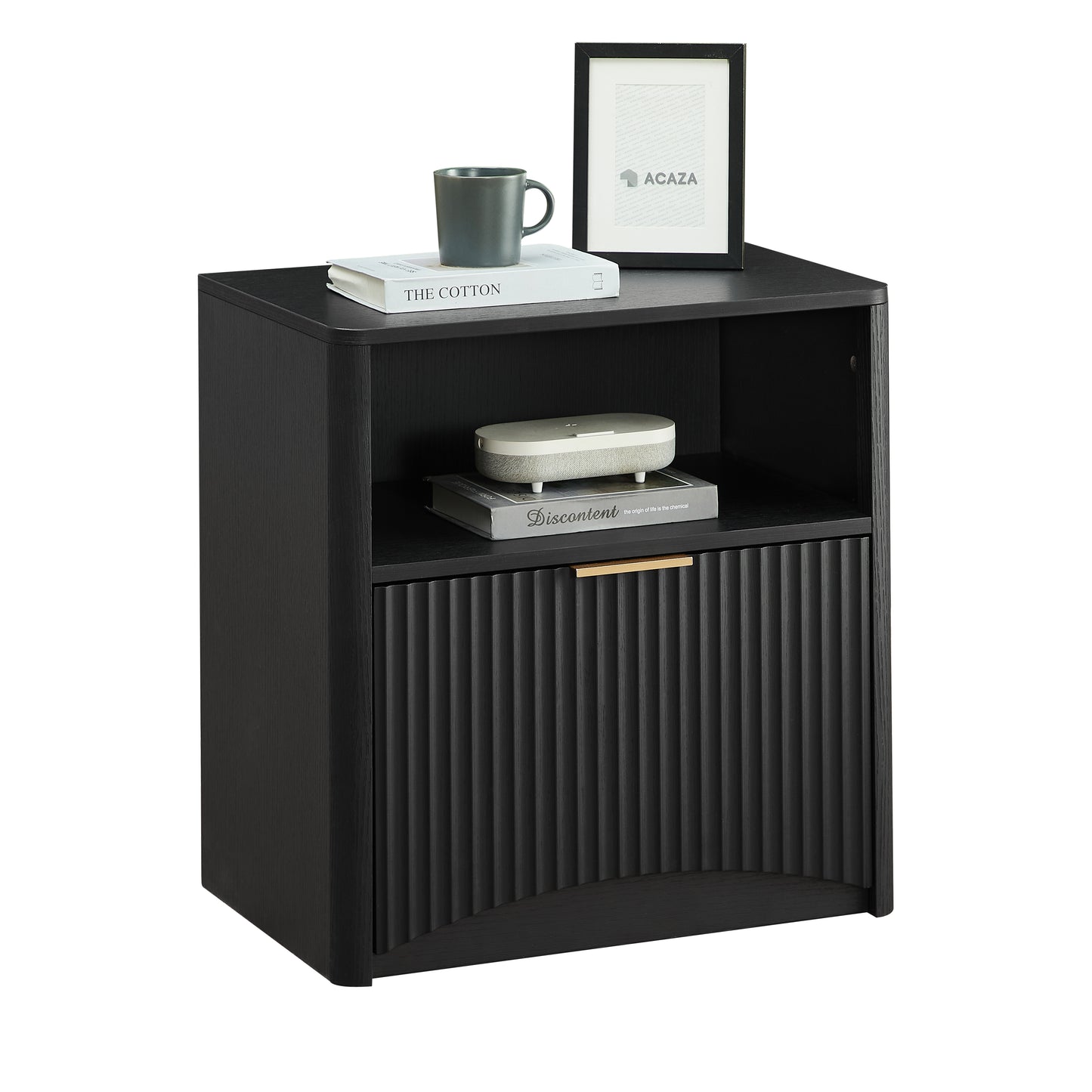 Space-Saving Nightstand with Open Drawer and Gold Handles