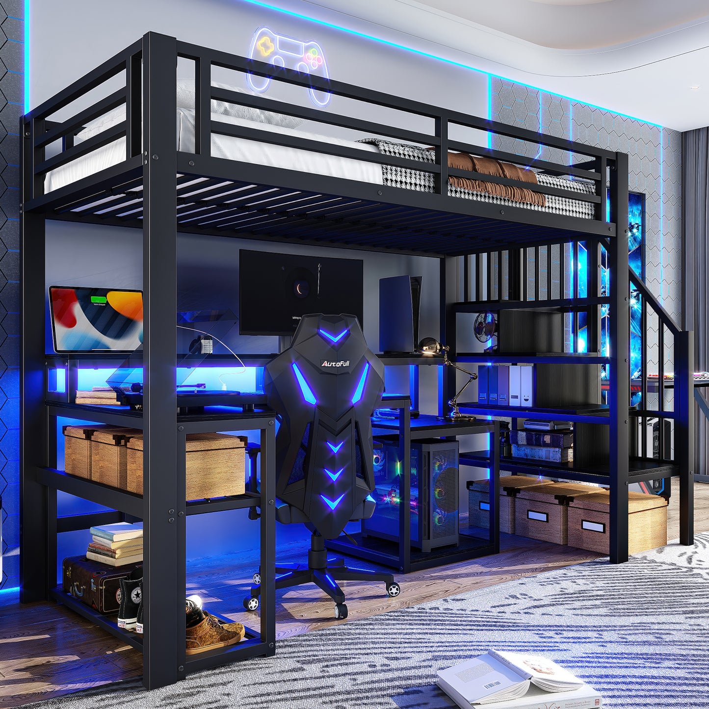 Gigab2b original image - Hochbett, 90 x 200 cm, Eisenrahmen, Ablagefach, Treppenkonstruktionen mit Stauraum, Sicherheitsgeländer, mit LED-Lichtleiste, Schreibtisch, mit USB-Anschluss, ohne Matratze, schwarz