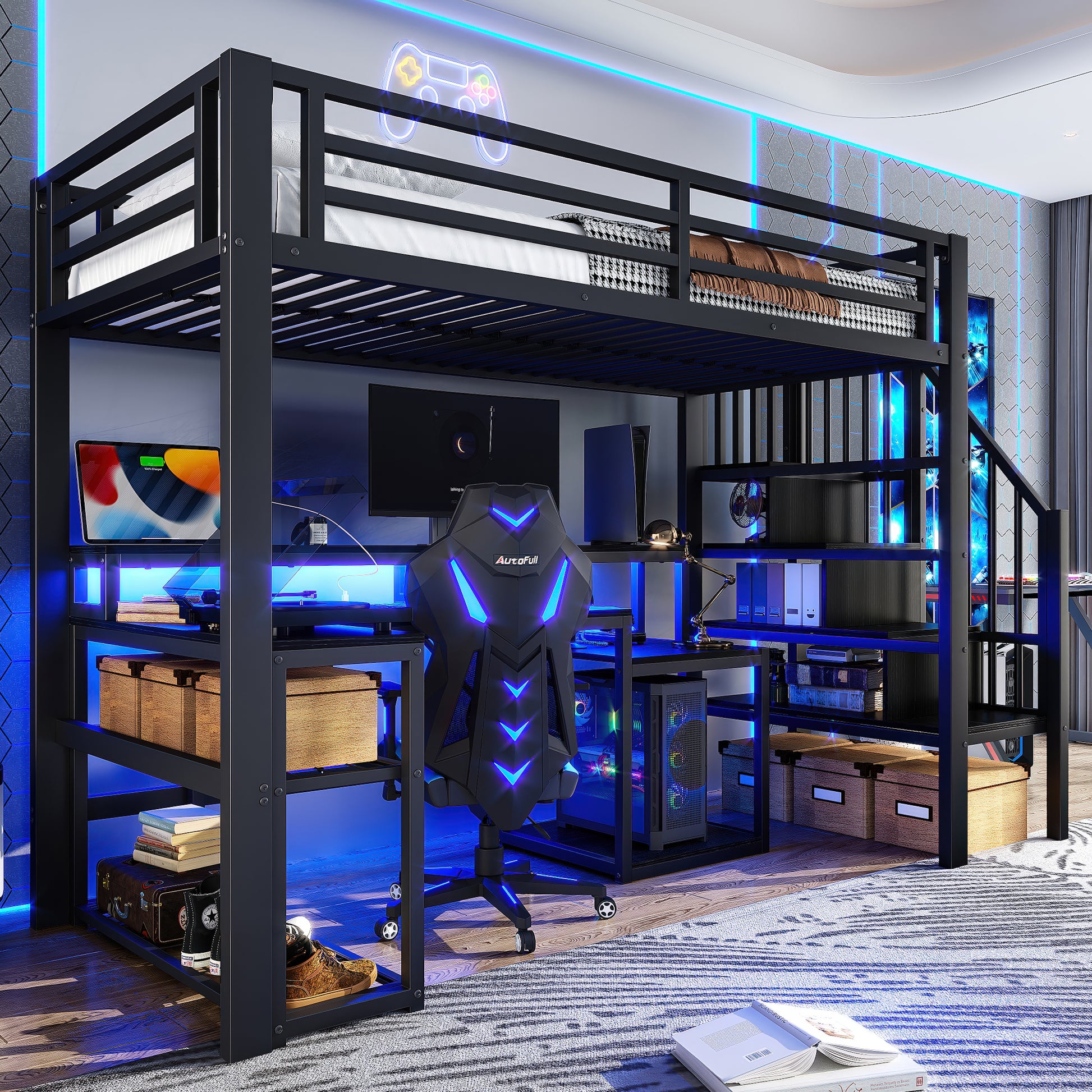Gigab2b original image - Hochbett, 90 x 200 cm, Eisenrahmen, Ablagefach, Treppenkonstruktionen mit Stauraum, Sicherheitsgeländer, mit LED-Lichtleiste, Schreibtisch, mit USB-Anschluss, ohne Matratze, schwarz