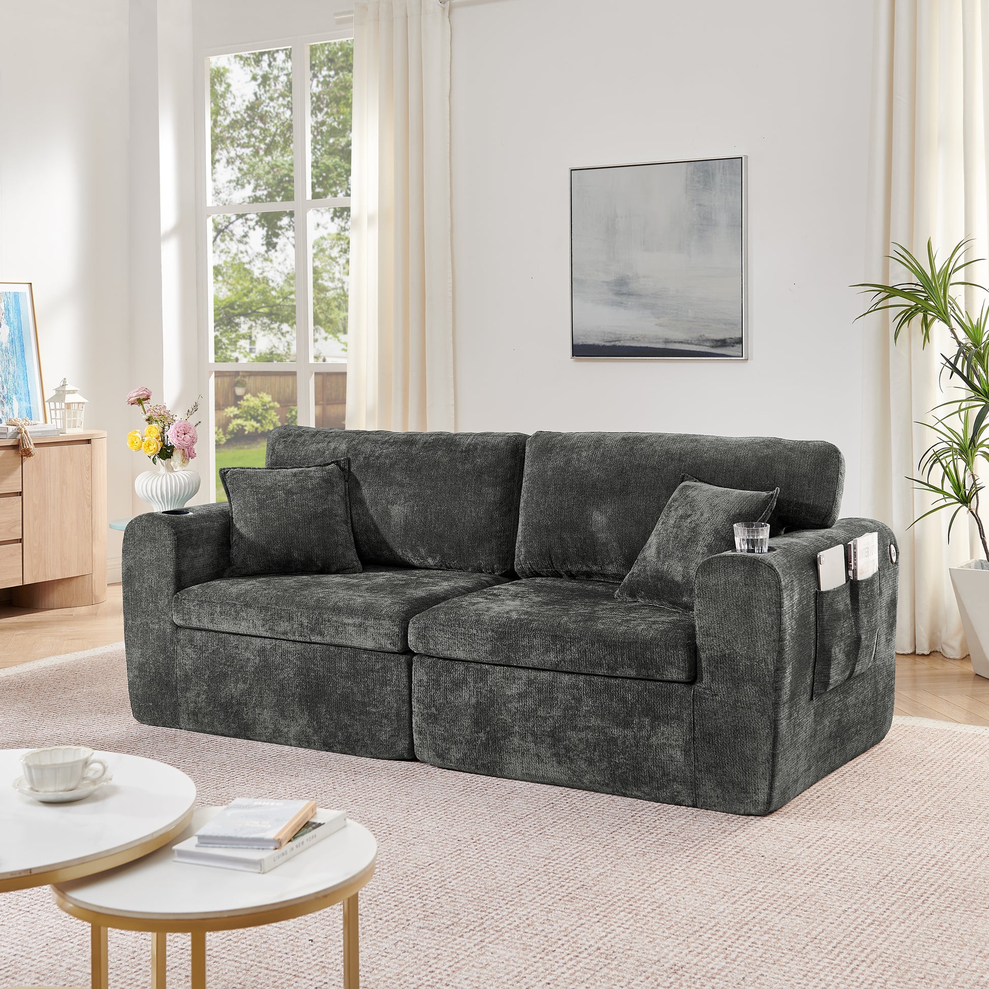 2-Sitzer-Relaxsofa für kleine Räume,aus weichem Chenille-Stoff,ausgestattet mit seitlicher Magazintasche,Getränkehalter und Kissen,geeignet für Wohnzimmer,Arbeitszimmer,Gästezimmer und Wohnungen,Black