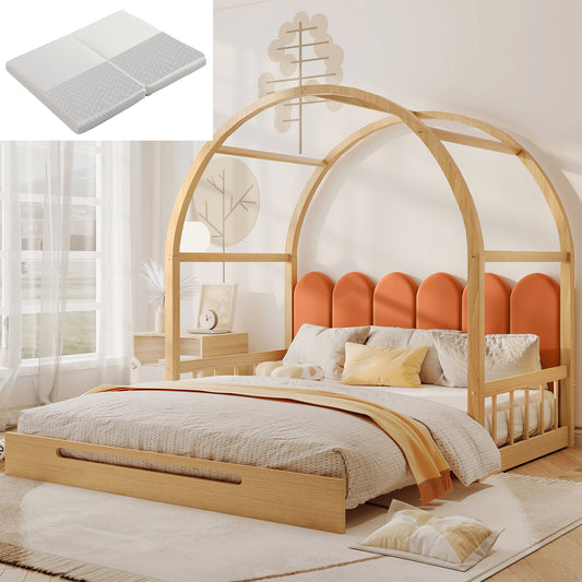 (Mit Matratze)Erweiterbares Gewölbtes Dachbett, Schiebebett, Kinderbett, Tagesbett, Doppelbett, Samtkissen, Rahmen aus Kiefernholz, Natur und Orange (140x100cm&140x200cm)