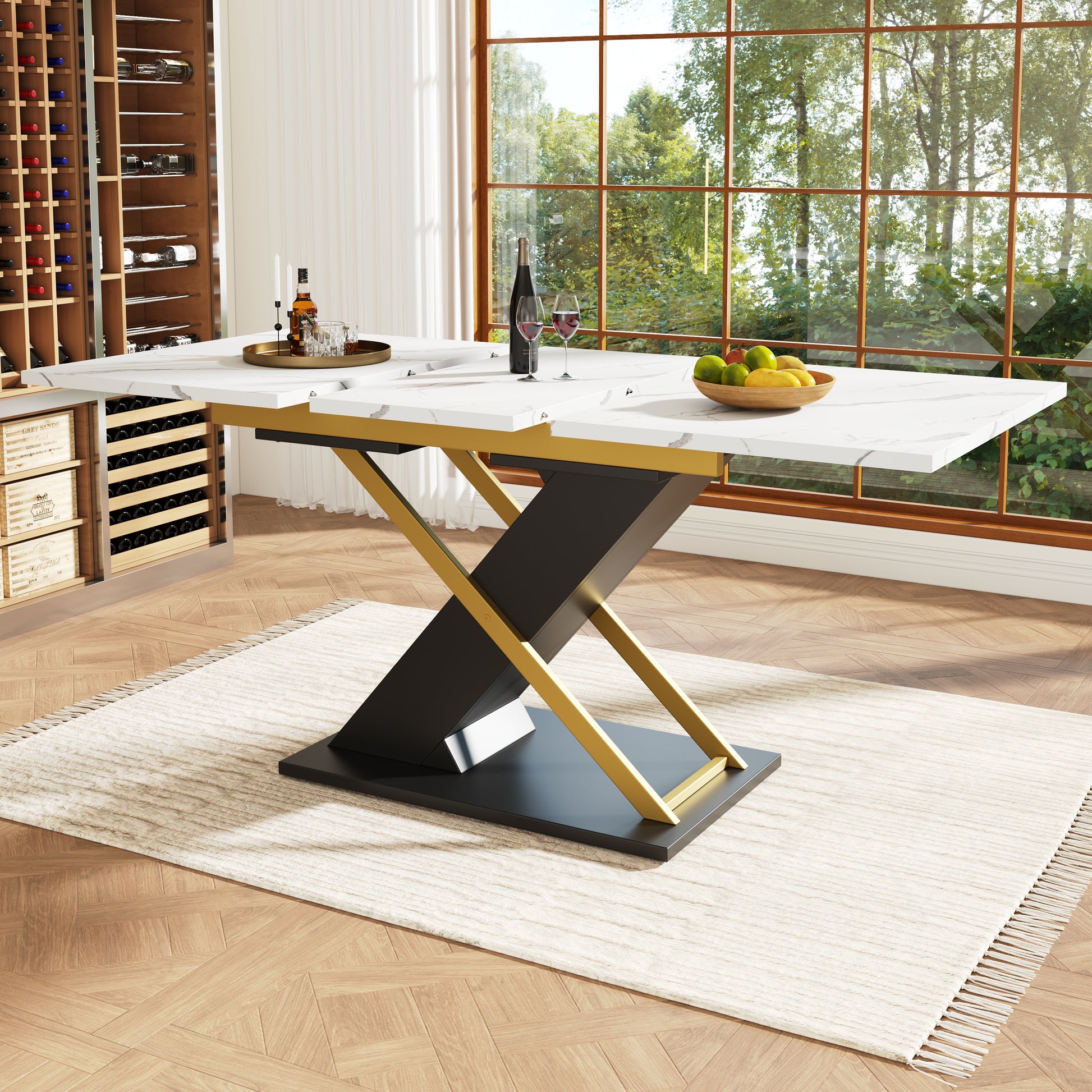 Gigab2b original image - Esstisch Ausziehtisch (120-160×80cm), Küchen-Wohnzimmertisch, Ausziehtisch, mit Hilfe von innenliegender Einlegeplatte auf 160cm ausziehbar, Esstisch mit goldenen Kreuzbeinen