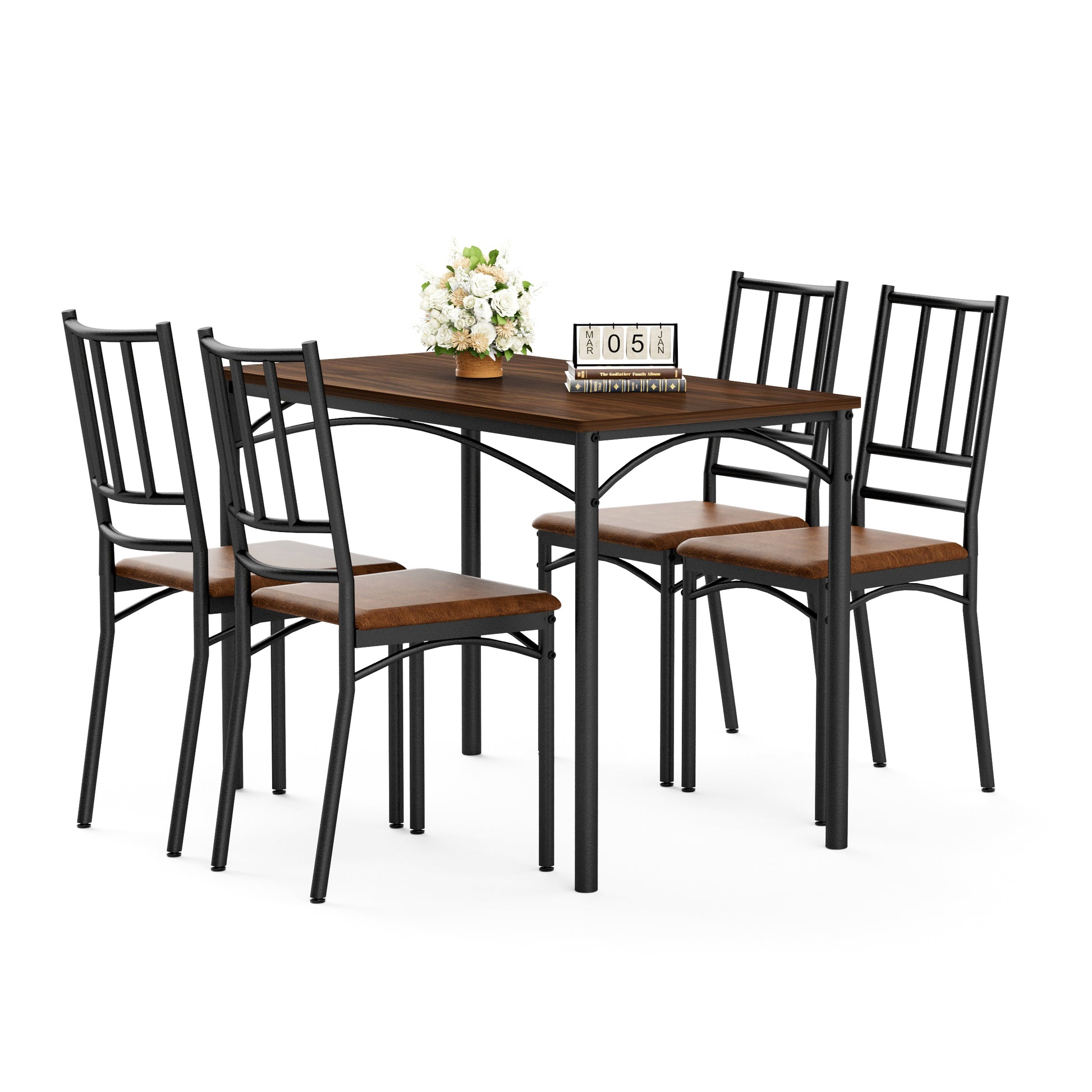Gigab2b original image - Esstisch-Set, Bartisch mit 4 Esszimmerstühlen, Küchentisch mit Stühlen, industrieller Frühstückstisch für Küche, Wohnzimmer, Partyraum, Walnussholz,110cm*60cm*76.5cm