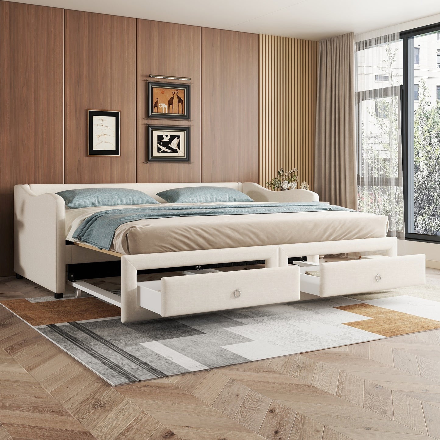 Daybettt, 90x200cm Tagesbett mit ausziehbarem Bett,Schlafsofa mit zwei Schubkästen, Einzelbett(Ohne Matratze), Leinen, minimalistisches Styling, beige