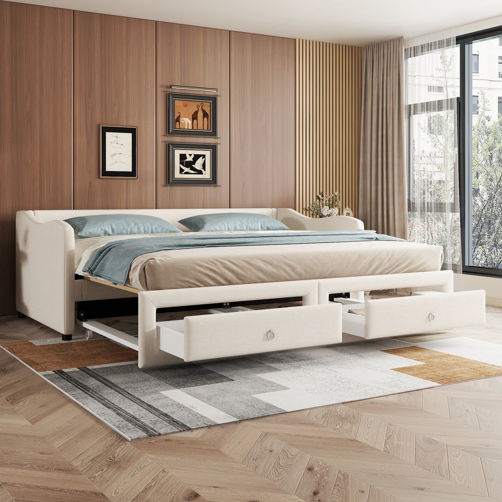 Daybettt, 90x200cm Tagesbett mit ausziehbarem Bett,Schlafsofa mit zwei Schubkästen, Einzelbett(Ohne Matratze), Leinen, minimalistisches Styling, beige