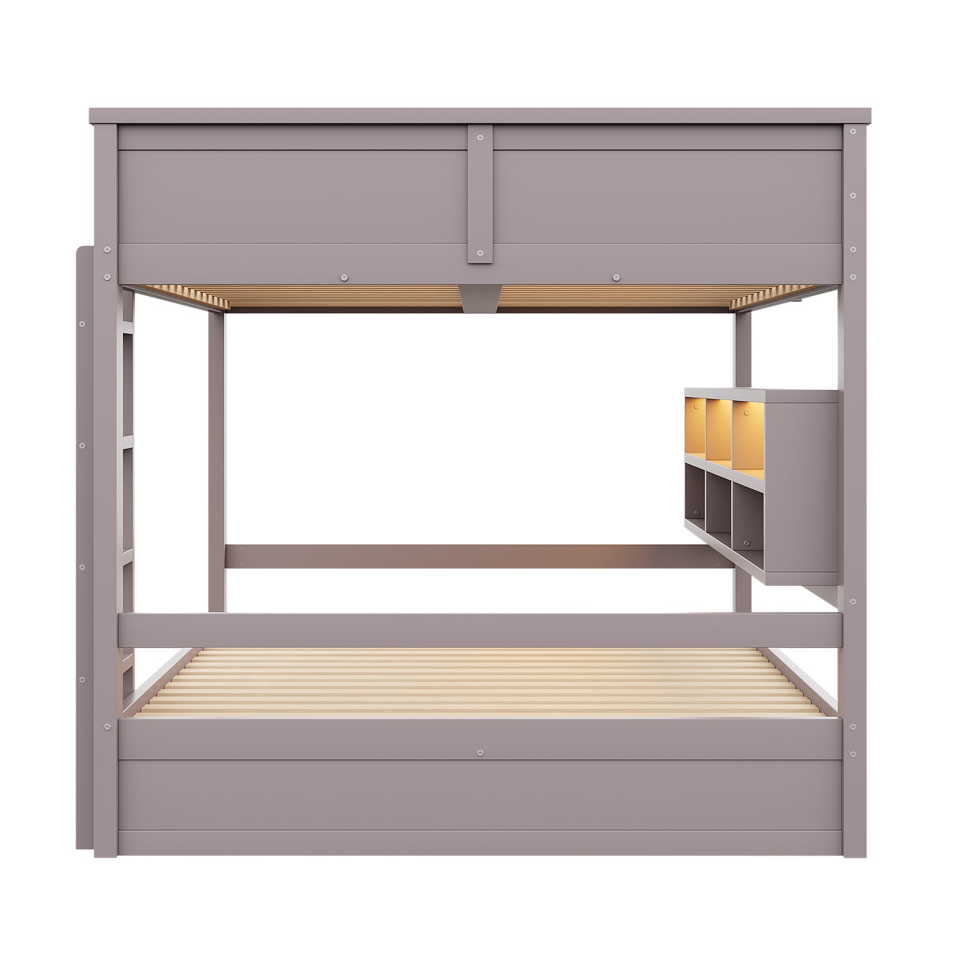 160x200 Etagenbett mit Stauraumschränken und LED-Licht, Braun