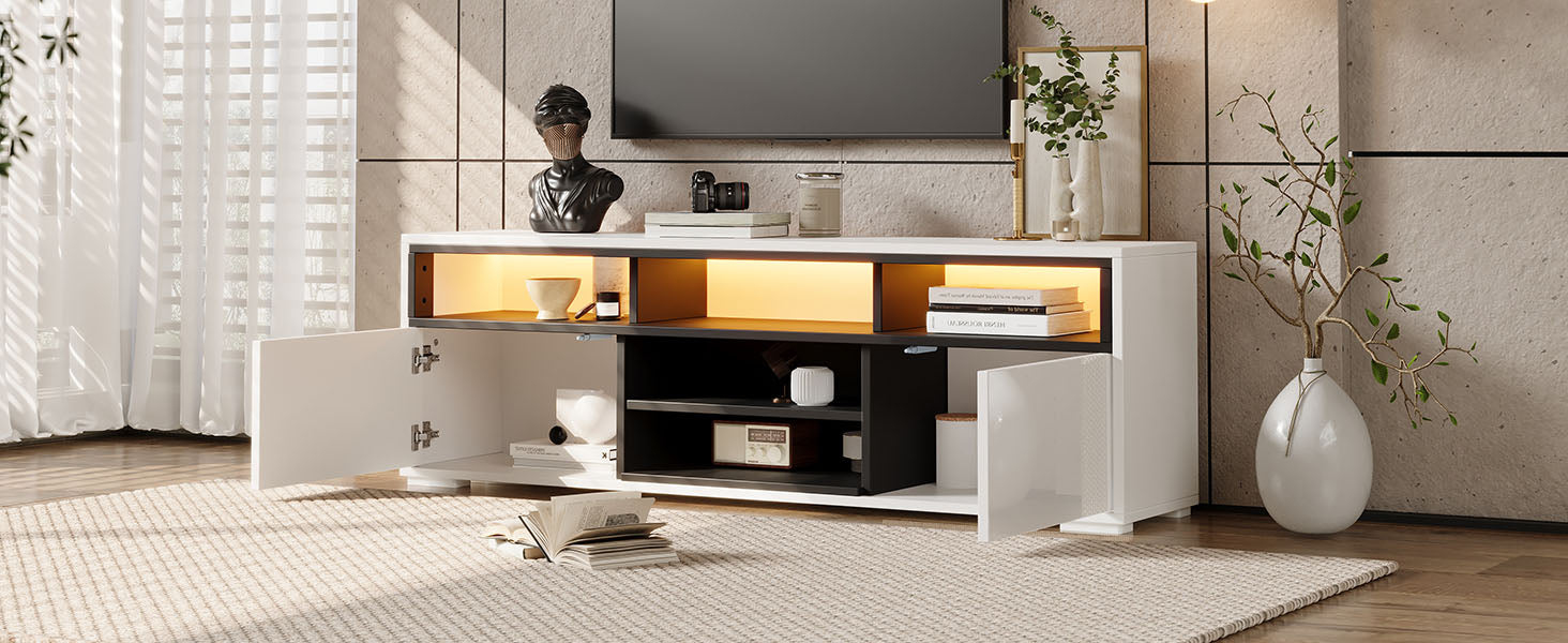 150 × 35 × 50 cm LED-TV-Bank aus Hochglanz-Spanplatte, Modernes Lowboard mit Stauraum für kleine Wohnzimmer,Unterschrank mit zwei Türen,8 Lagerräume,Speziell für kleine Wohnungen konzipiert