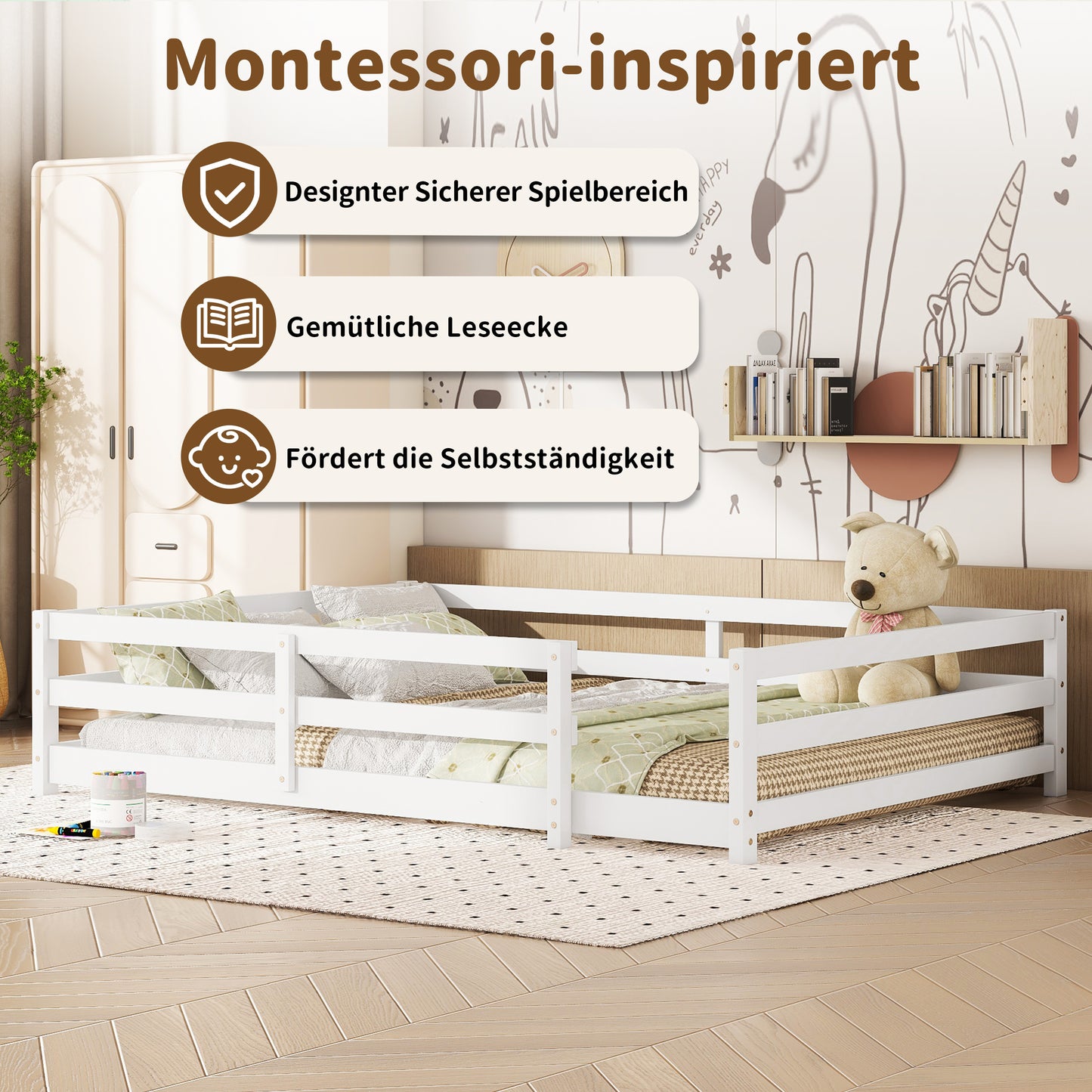 Montessori Bodenbett mit 4-Seiten-Gitter – Vollflächig, kein Lattenrost benötigt, Kiefernholz, einfach aufzubauen (140x200 cm, weiß)