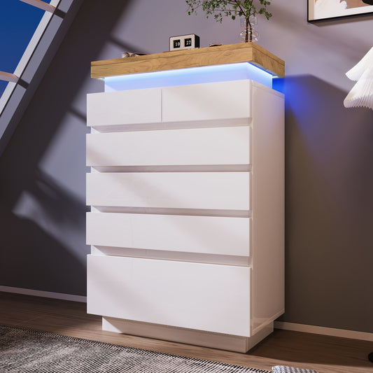 Gigab2b original image - Kommode, Hochglanz Sideboard mit 6 Schubladen, LED Beleuchtung (App Control), Mehrzweckschrank für Wohnzimmer und Schlafzimmer, 115 x 73 x 39 cm, Weiß